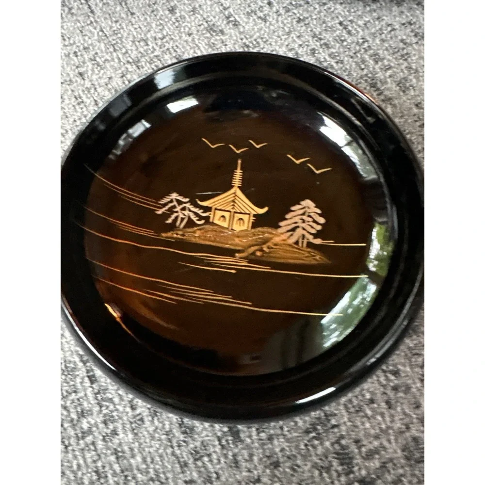 VTG Japanese Lacquerware Salad Bowls Set  of 6 Black Gold Landscape‎ Mt Fuji Art